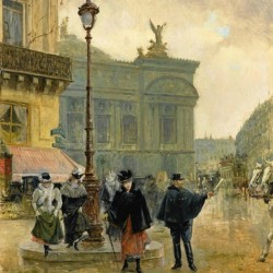 Ladies walking on the boulevard during a rainy day